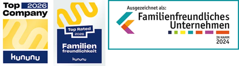 kununu Top Company 2026, kununu Top Rated Familienfreundlichkeit 2026, ausgezeichnet als familienfreundliches Unternehmen in Hamm 2024